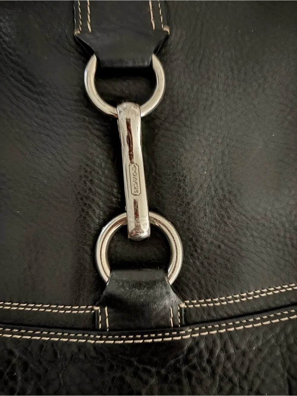 Black Leather Coach Shoulder Bag with Silver Ring Accent - Picture 2 of 4